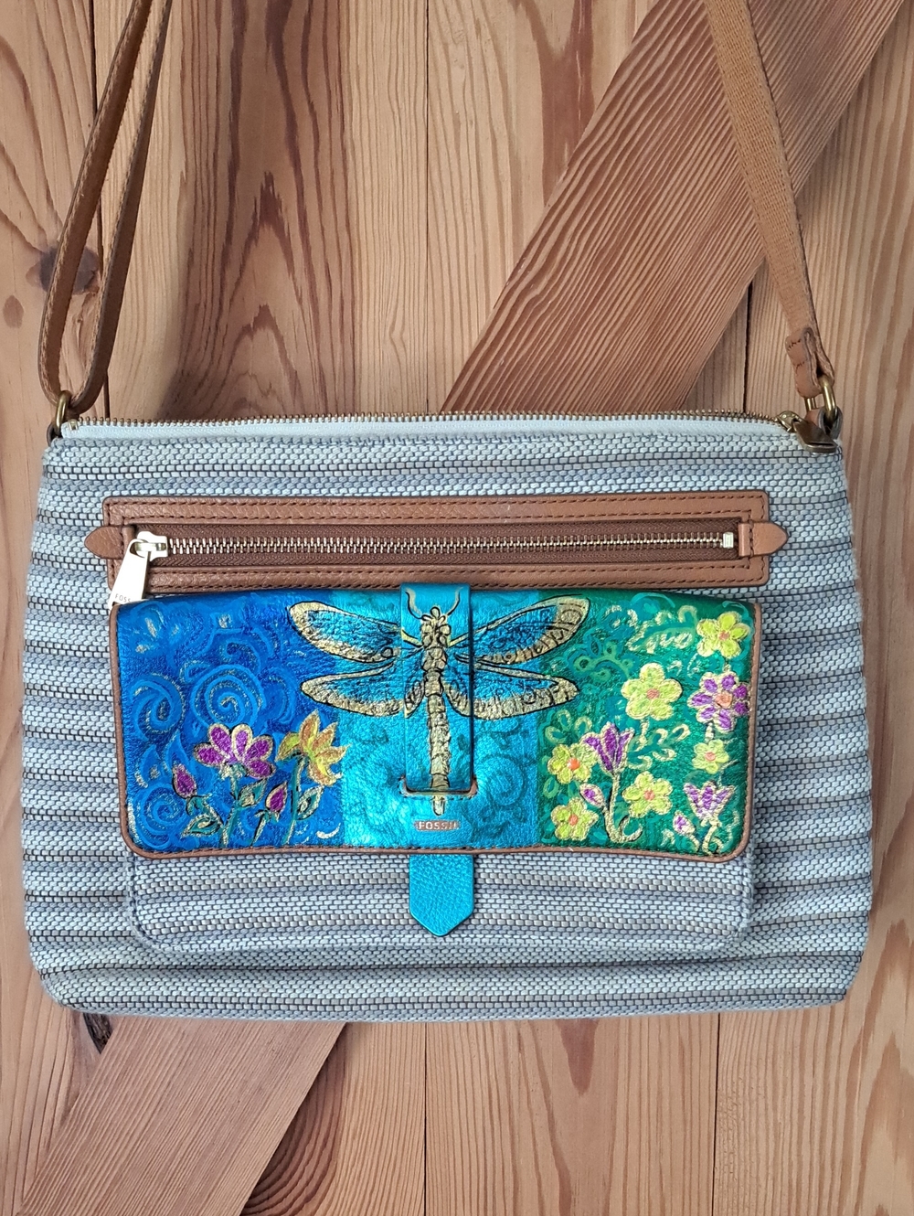 Hand Crafted Painted Bright Blue Dragonfly Floral Woven Crossbody Bag